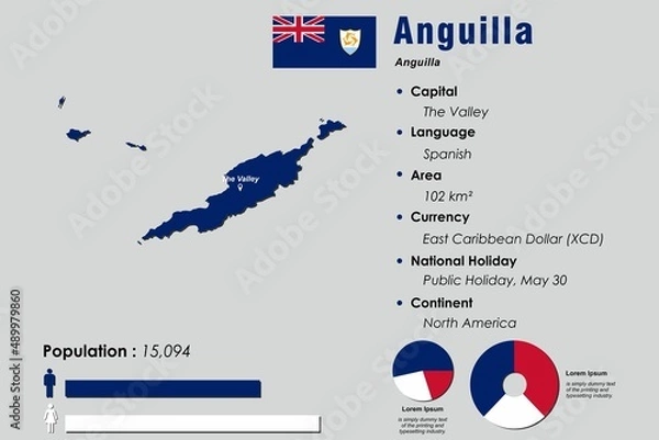Fototapeta Anguilla infographic vector illustration complemented with accurate statistical data. Anguilla country information map board and Anguilla flat flag