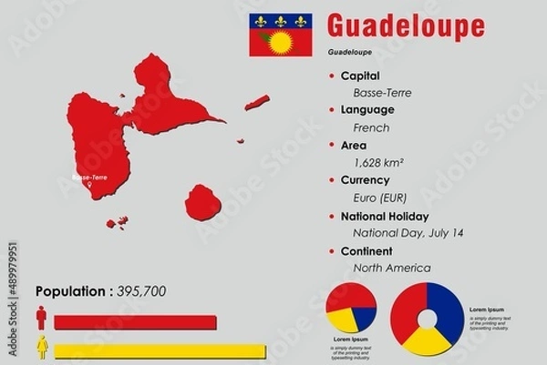 Fototapeta Guadeloupe infographic vector illustration complemented with accurate statistical data. Guadeloupe country information map board and Guadeloupe flat flag