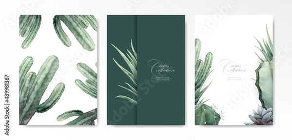 Obraz Watercolor cactus template background vector design set 2