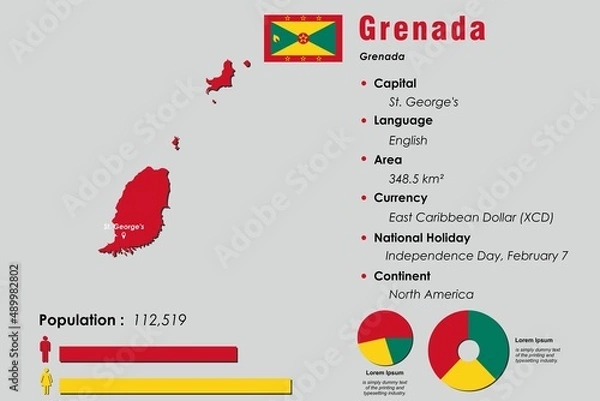 Fototapeta Grenada infographic vector illustration complemented with accurate statistical data. Grenada country information map board and Grenada flat flag