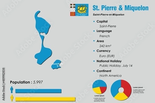 Fototapeta Saint Pierre and Miquelon infographic vector illustration complemented with accurate statistical data. Saint Pierre and Miquelon country information map board and Saint Pierre and Miquelon flat flag