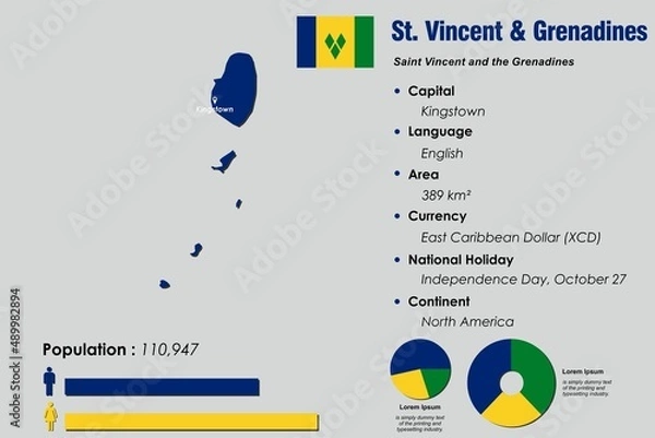 Fototapeta Saint Vincent and Grenadines infographic vector illustration complemented with accurate statistical data. Saint Vincent country information map board and Saint Vincent flat flag