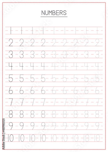 Fototapeta Children Learning Printable - Tracing Numbers 1 to 10
