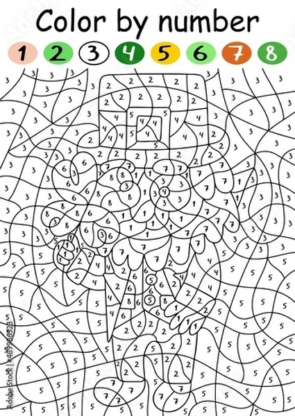 Fototapeta Funny cartoon leprechaun with clover color by number game vector illustration. Educational activity page for children vertical printable worksheet. St Patrick day puzzle for kids vector