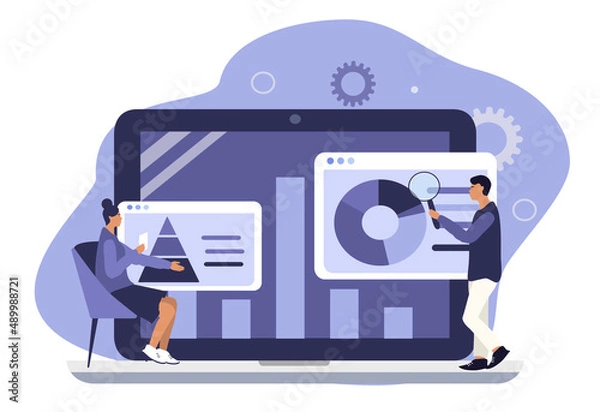 Obraz vector hand drawn illustration in flat style on the theme of statistics. laptop screens with various charts and managers studying them.