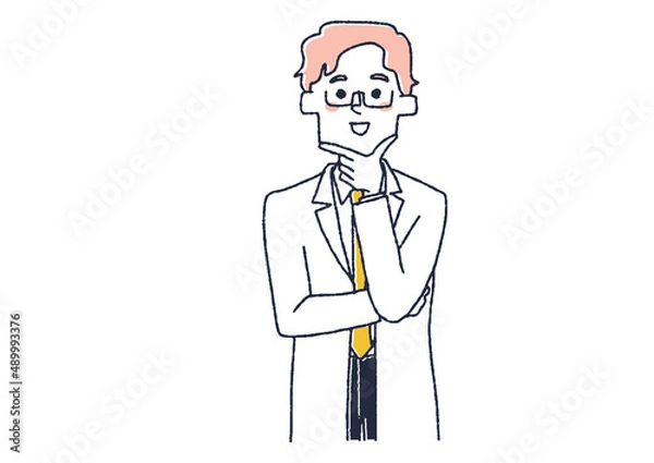 Fototapeta 感心している白衣の医師　コミカルな手書きの人物イラスト　ベクター線画にシンプルな色つけ　白バック