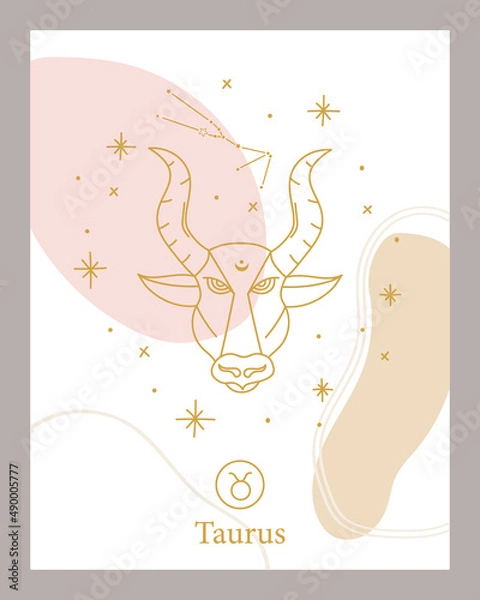 Fototapeta Zodiac Taurus horoscope sign line abstract art silhouette design vector illustration. Creative decorative, Taurus emblem template for mystic logo, calendar print in boho minimal style