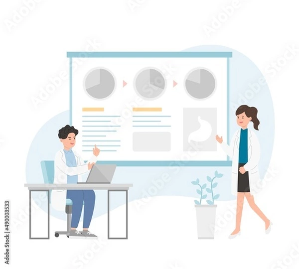 Fototapeta Male or female of paramedic or medical specialist or scientist pointing at presentation board, chart icons, vector set of abstract graphic elements, data statistics, infographics, analytical tools