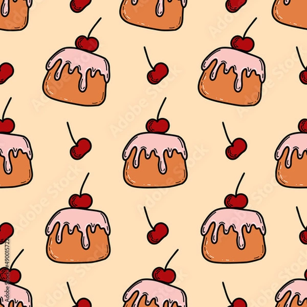 Obraz Cake with cherry seamless pattern. Cake sweet dessert for holiday. Vector illustration