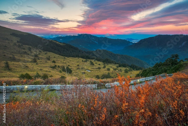 Obraz Beautiful autumn scenery in Taiwan, The fallen leaves beautiful color picture, Asia - Beautiful landscape of highest mountains blue sky in fall seaon at Taroko National Park, Taiwan