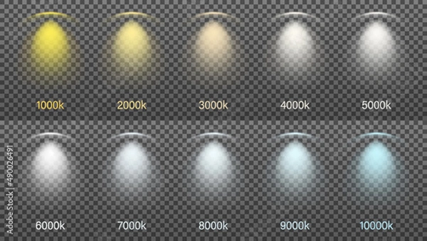 Fototapeta Set of light from lamps, spotlights. Color temperature from 1000 to 10000 Kelvin. Vector illustration.