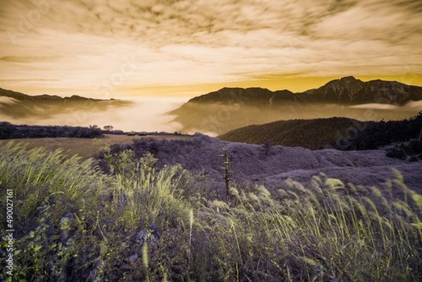 Obraz Beautiful autumn scenery in Taiwan, The fallen leaves beautiful color picture, Asia - Beautiful landscape of highest mountains blue sky in fall seaon at Taroko National Park, Taiwan