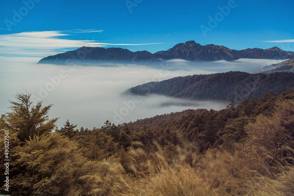 Obraz Beautiful autumn scenery in Taiwan, The fallen leaves beautiful color picture, Asia - Beautiful landscape of highest mountains blue sky in fall seaon at Taroko National Park, Taiwan