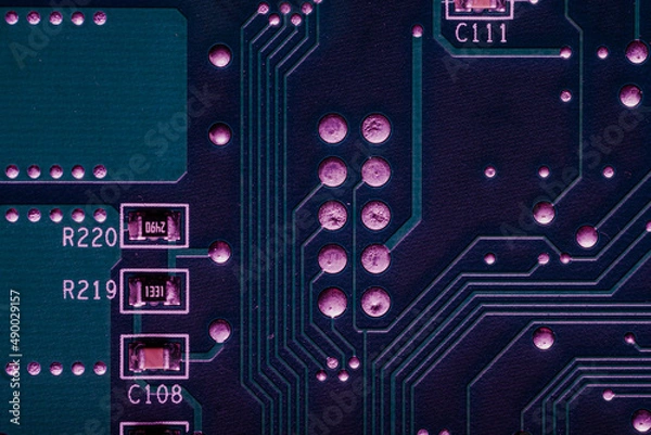 Fototapeta Complex electronics, printed tracks, soldering, foil