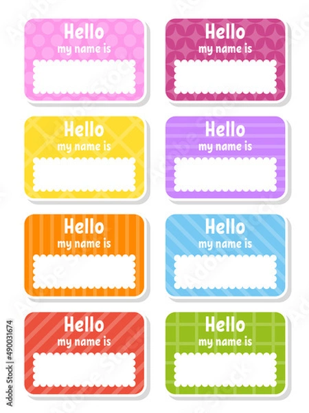 Fototapeta Hello name badge. Bright stickers. Rectangular label. Color vector isolated illustration.