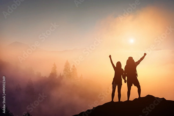 Fototapeta Young happy couple hikers