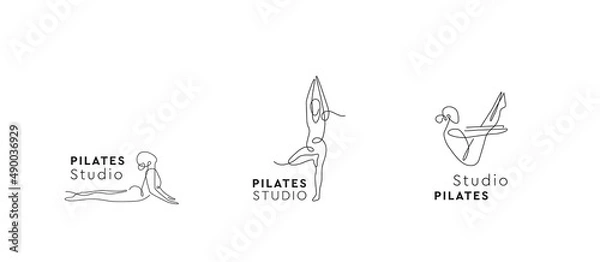 Fototapeta Yoga Studio Logo set. One line sign. Pilates centre logotype. Vector symbol asana.