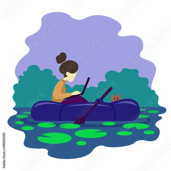 Obraz a girl with a laptop is sitting in a boat. remote work. remote study. flat vector illustration. outdoor recreation.