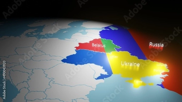 Fototapeta Ukraine - Russia - Belarus borders on map with colors of national flag.