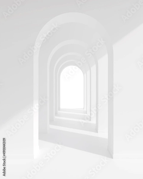 Fototapeta White architecture arch hallway space. Abstract arch curve corridor with soft shadow.
