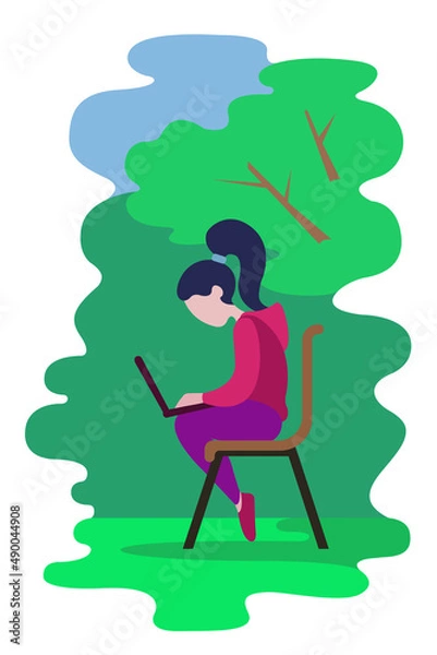 Obraz remote work. the girl is working on a laptop sitting on a bench in the park. remote study. vector flat illustration