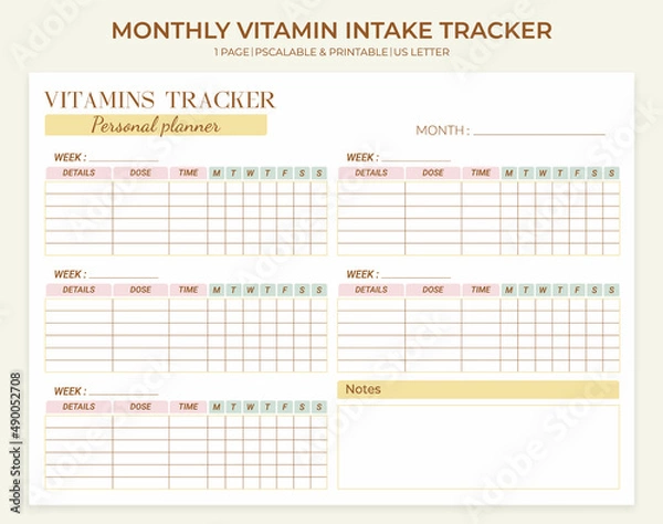 Fototapeta Minimalistic monthly printable vitamin and supplement intake tracker template. Weekly, monthly, daily medication tracking log. Vector horizontal template.