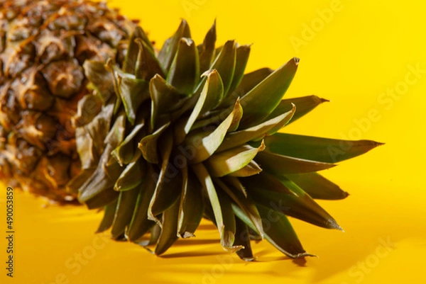 Obraz Beautiful fresh pineapple isolated on yellow background. Summer seasonal fruit design idea pattern concept. Copy space, close up