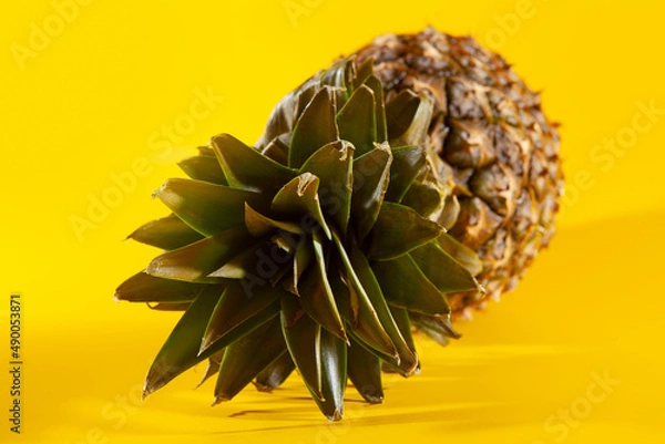 Obraz Beautiful fresh pineapple isolated on yellow background. Summer seasonal fruit design idea pattern concept. Copy space, close up