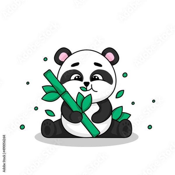 Fototapeta A cute panda holds bamboo in its paws and eats it. Vector illustration isolated on white background. 