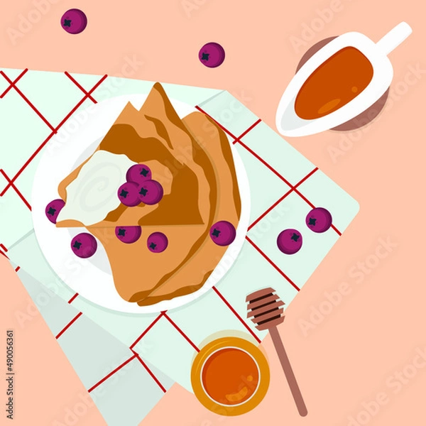 Obraz Vector image of a plate with pancakes, butter, honey, berries.  Pancake day