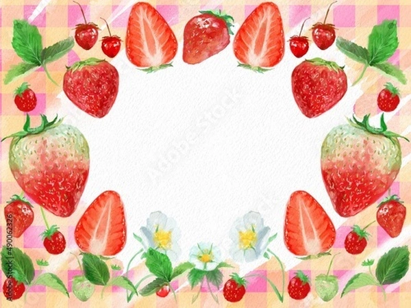 Fototapeta Watercolor painting of fresh strawberries and berries with cute check pattern’s frame