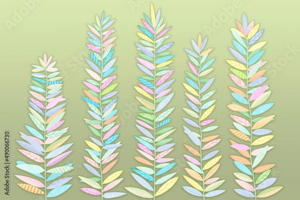 Fototapeta Art Illustration of leaves, Beautiful smooth pointed-shaped algae leaves multi-colored on a green background
