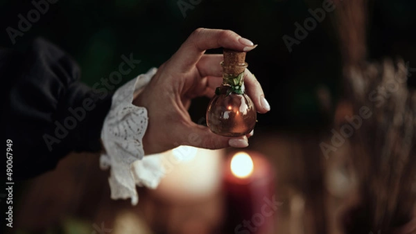 Obraz the witch cooks an elixir with herbs in a cauldron