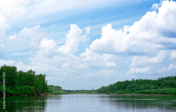 Fototapeta Blue sky on a calm summer day. Bend of the river in Siberia, forest near water