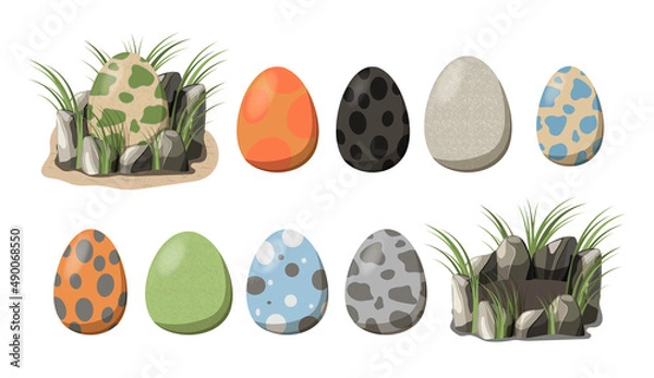 Fototapeta Collection Dinosaur eggs in cartoon style. Set constructor Nest of dinosaurs with eggs and grass. Easy to assemble your own.