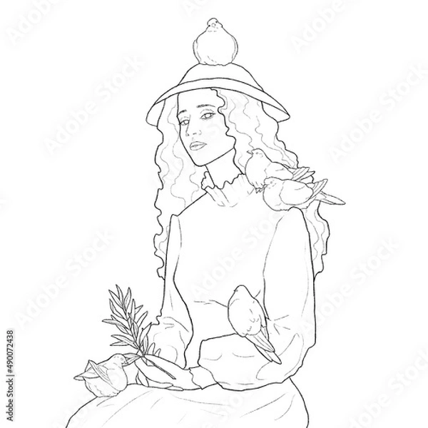 Fototapeta a girl in a dress and hat is sitting on a patterned bench surrounded by pigeons, and holding an olive branch in her hand, 2d illustration contour black and white