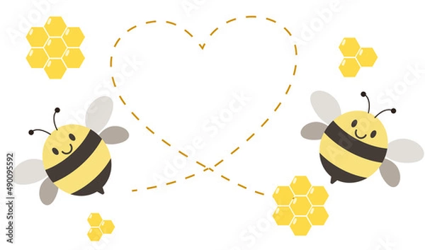 Obraz A cute bee flying with honeycomb and line of heart isolated on white background, vector illustration. Cute cartoon character.