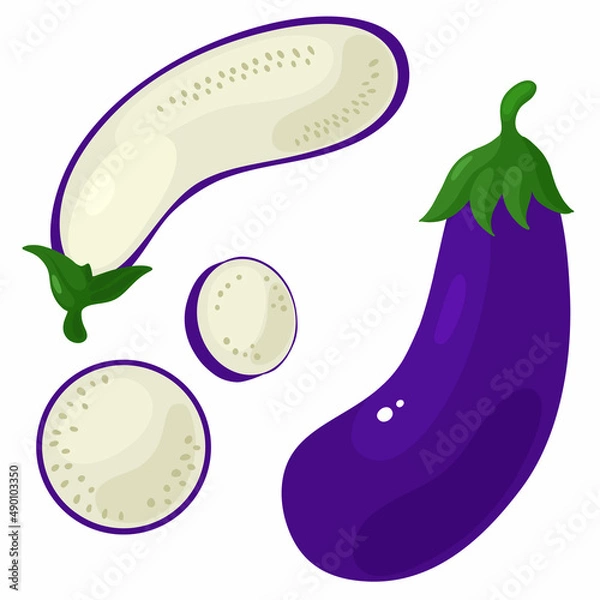 Obraz Eggplant set isolated on white background. Whole, slice, half of fresh aubergine.