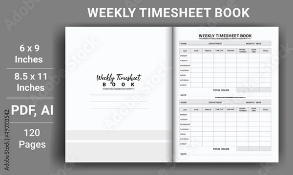 Fototapeta Weekly Timesheet Book, Planner Layout Template, Daily routine planner notebook, Daily planner journal template, Weekly planner templates set, Weekly journal notebook

