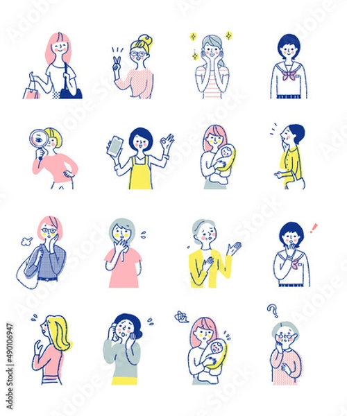 Fototapeta さまざまな表情の女性　上半身　セット