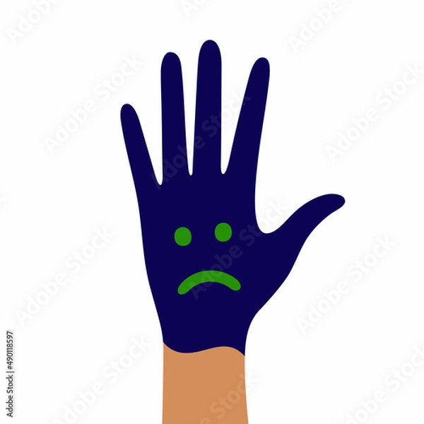 Fototapeta A child's hand in blue paint with a painted sad smiley face and eyes on a white background.