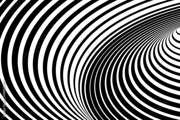 Fototapeta Background illusion optical. Abstract 3d pattern. Black and white line wave. Spiral geometric stripe. Hypnotic op waves. Hypnosis texture. Art swirl stripes bg. Wavy design prints. Vector illustration