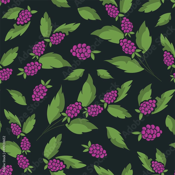 Fototapeta Vector seamless fruity pattern with raspberries on foliate twigs on black background; perfect for wrapping paper, posters, banners, invitations and other design.