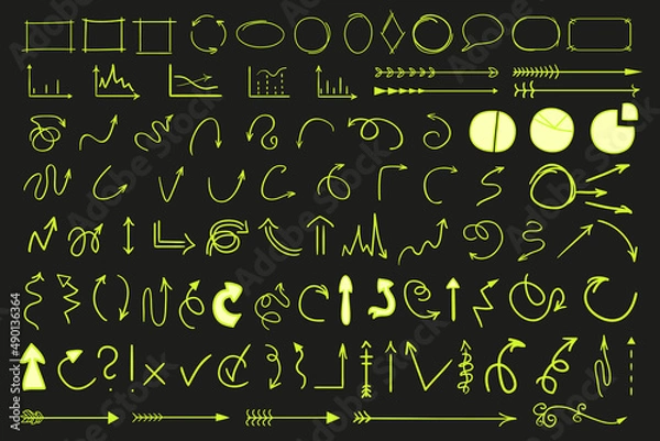 Obraz Colored infographic elements on isolated black background. Hand drawn simple arrows. Line art. Set of different pointers. Abstract indicators. Doodles for work. Art creation