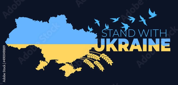 Fototapeta Vector illustration of map of Ukraine with a flag of Ukraine with birds. Banner for Ukraine support. No to war. Stand with Ukraine, help Ukrainian.
