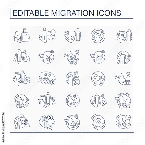 Fototapeta Migration line icons set. Moving people across borders. Seeking better life standards. Migration concept. Isolated vector illustrations. Editable stroke