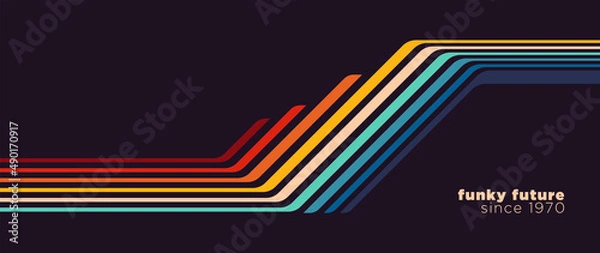 Obraz Streszczenie projektu tła z lat 70. w futurystycznym stylu retro z kolorowymi liniami. Ilustracja wektorowa.