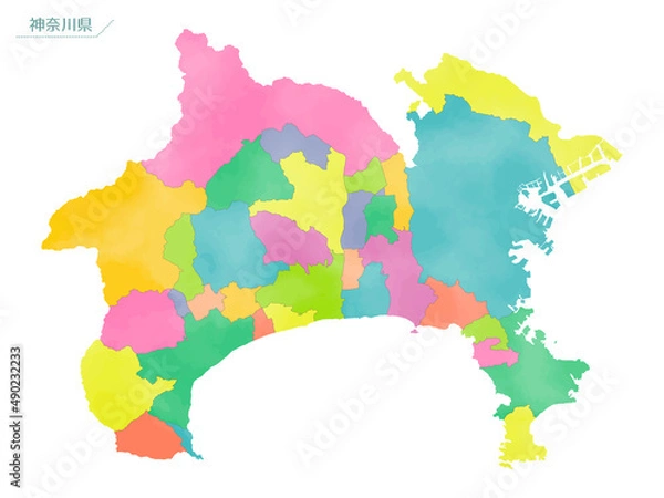 Fototapeta カラフルな水彩風の地図　神奈川県