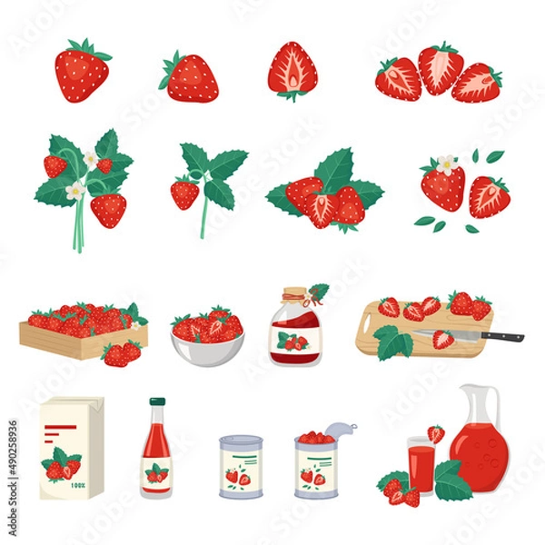 Fototapeta Set of red strawberries and product from it. Berries in box, bowl and on wooden board, jar of jam, packaging, bottle, glass and jug of juice, cans with fruits. Vector flat illustration