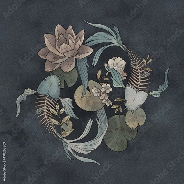 Fototapeta Japanese carp fish are half skeletons floating in the water, around them are lotuses, flower buds, leaves and water lilies, colour tattoo sketch 2d illustration